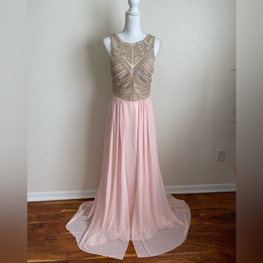 Terani Couture gown NEW + Tags pink beaded chiffon illusion sparkle dress prom